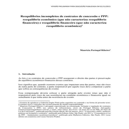 Reequilíbrios incompletos de contratos de concessão e PPP