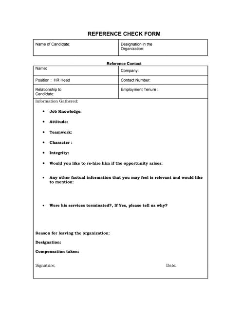 reference check form candidate reference check form