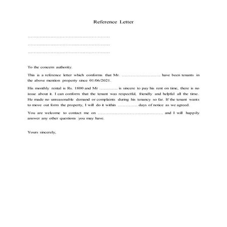 Reference letter for tenant 