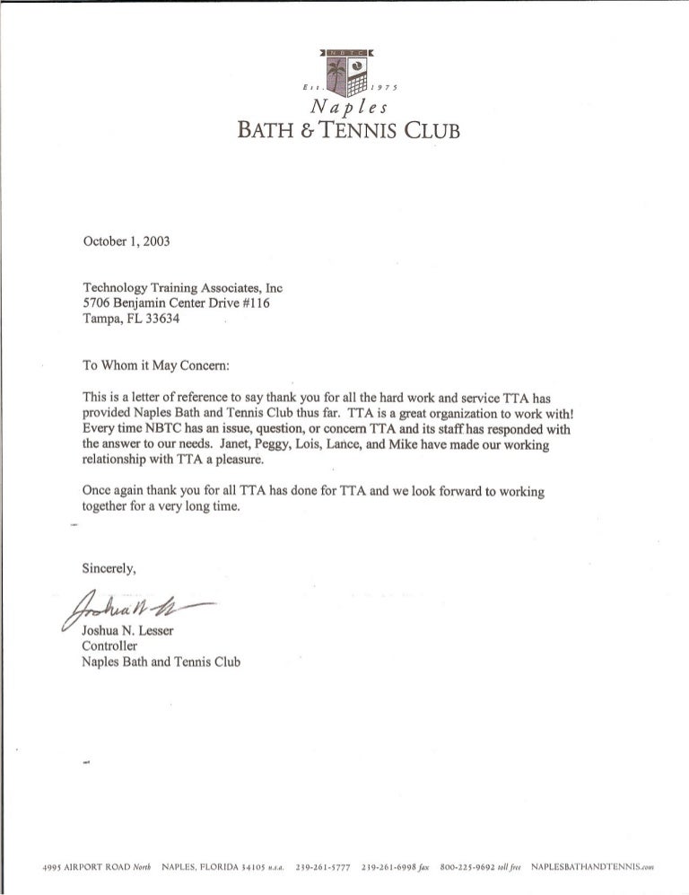 Reference Letter Naples Bath and Tennis Club
