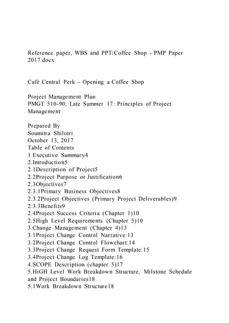 Reference paper, WBS and PPTCoffee Shop - PMP Paper 2017