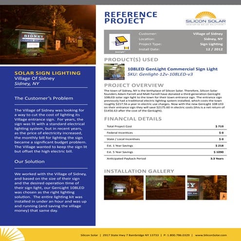 Silicon Solar Reference Project - Solar Sign Lights - Village Of Sidney NY