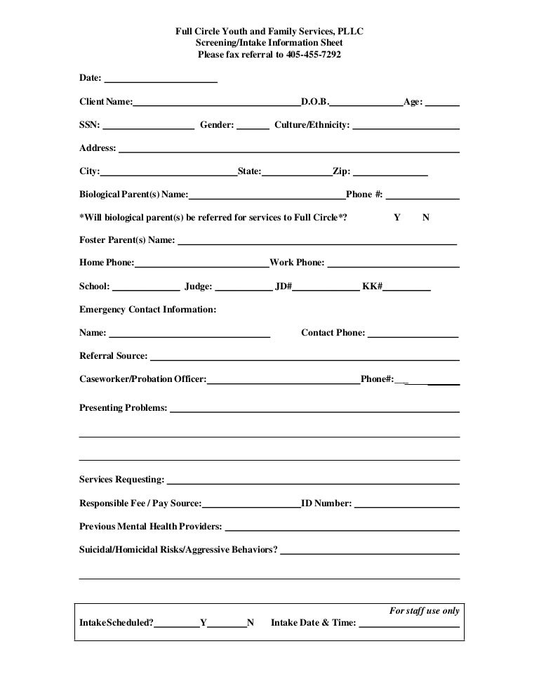 referral screening intake form mental health intake form template