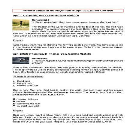 Reflection and Prayer for 1st April to 14th April 2020