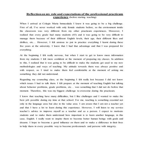 Reflection on my role and expectations of the professional practicum experience