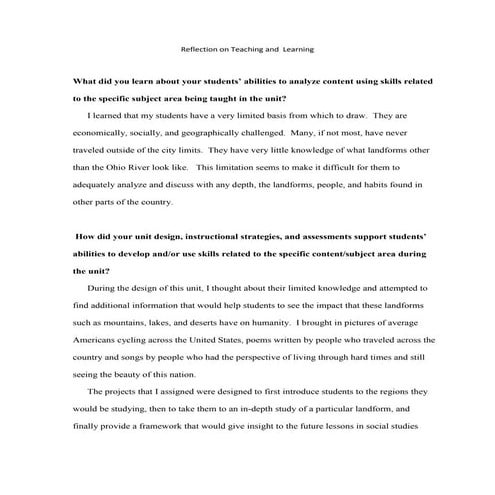 Reflection on teaching and  learning