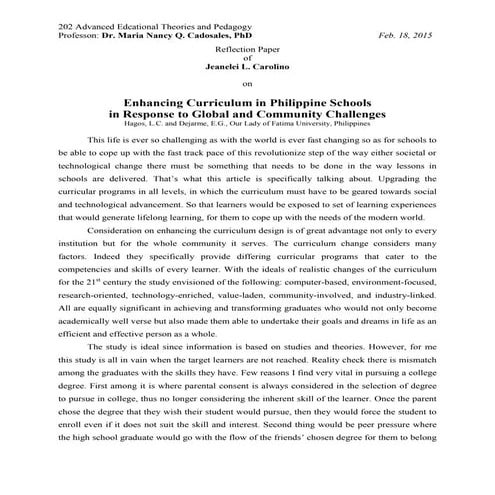 Reflection Paper on Enhancing Curriculum in Philippine Schools