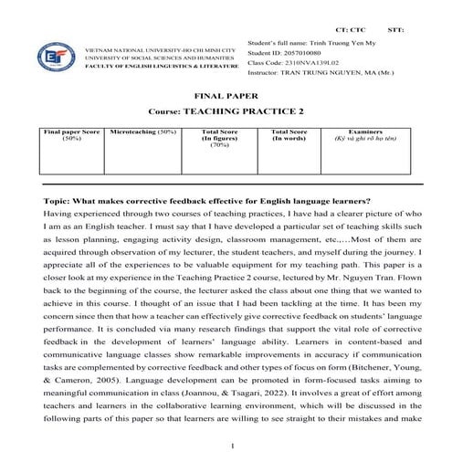 Reflection paper for teaching practice course