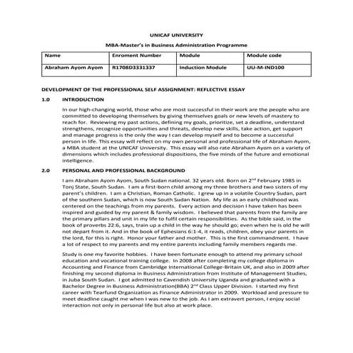 Reflective essay assesment for abraham ayom mba unicaf university