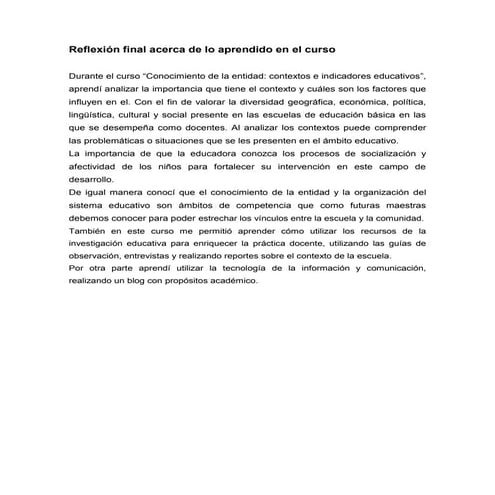 Reflexión final acerca de lo aprendido en el curso | PDF