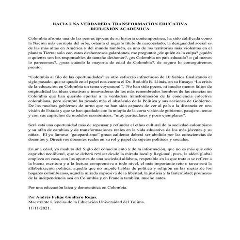 Reflexión Problemas de la Educación en Colombia.