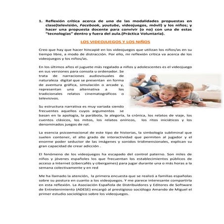 Reflexion critica videojuegos y niños