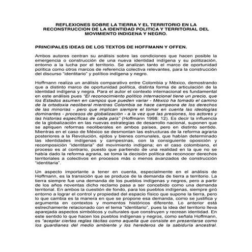 Reflexiones sobre la tierra y el territorio en la reconstruccion de la identidad politica y territorial del movimiento indigena y negro 130610