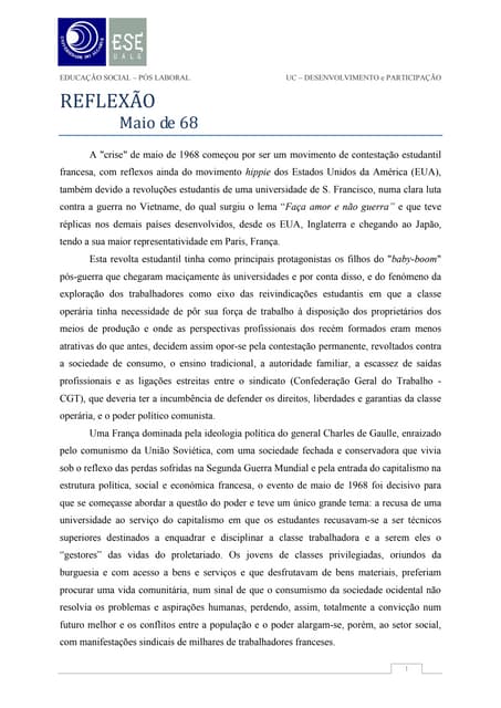 Reflexão Individual - Maio 68 