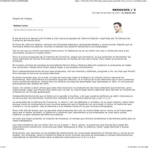 PROPUESTA  DE REFORMA LABORAL EN PUERTO RICO (MAYO 2011)