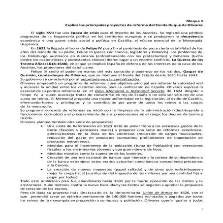 Bloque 3. Explica los principales proyectos de reforma del Conde Duque de Olivares