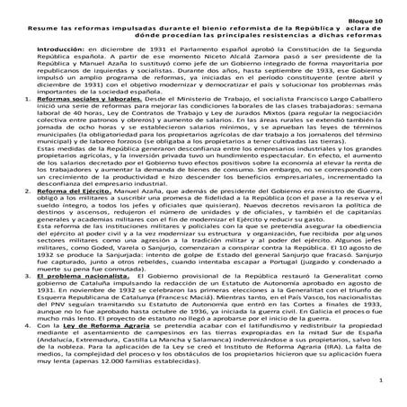 Bloque 10. Resume las reformas impulsadas durante el bienio reformista de la ...