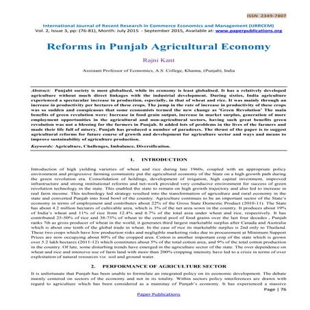 Reforms in Punjab Agricultural Economy | PDF
