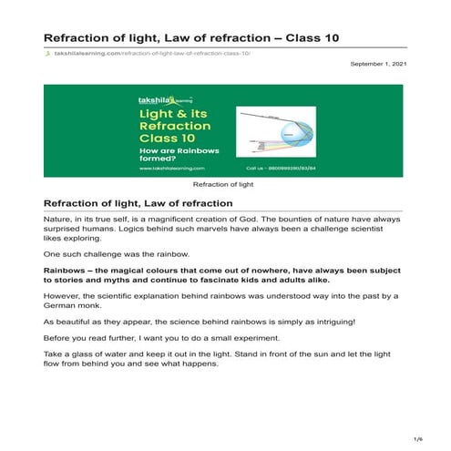 Refraction of light law of refraction - class 10