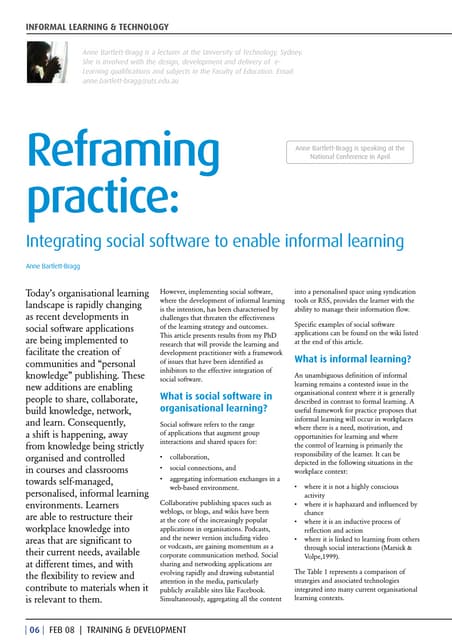 Reframing practice: integrating social software to enable informal learning.