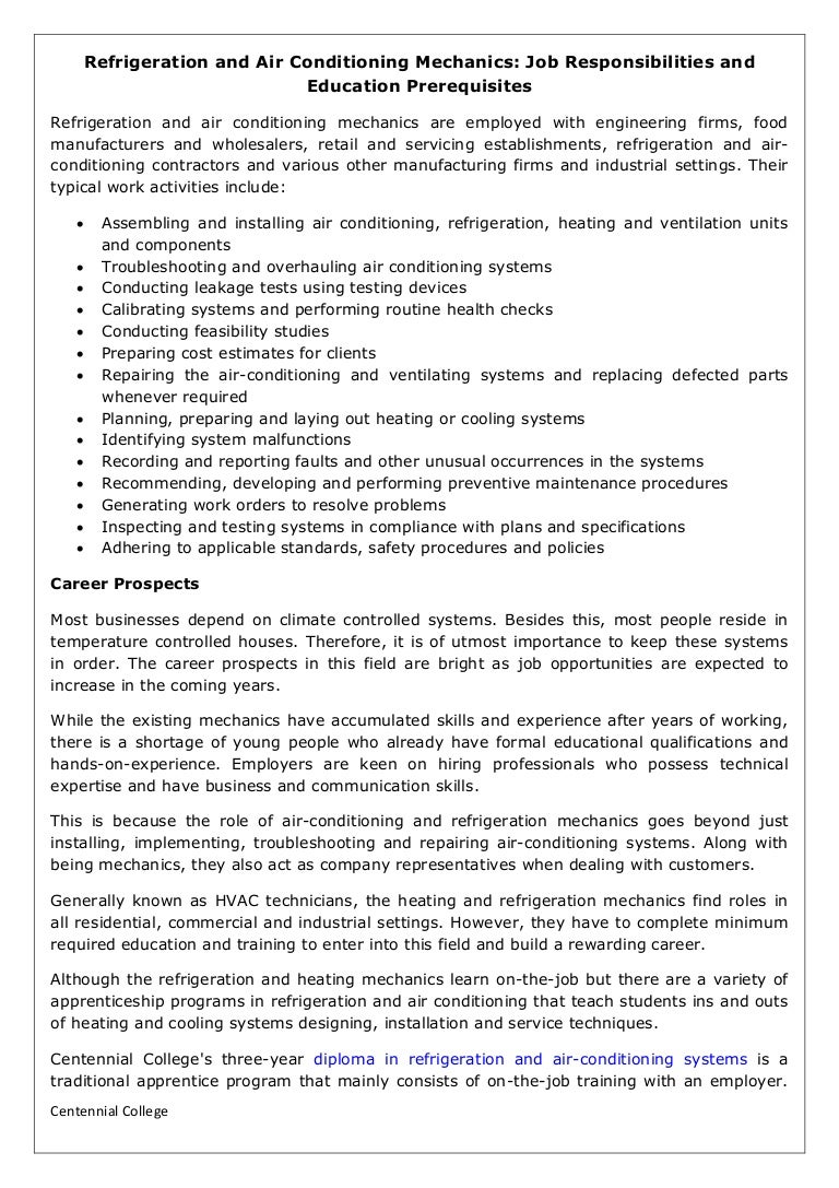 Refrigeration and air conditioning mechanics job responsibilities and…