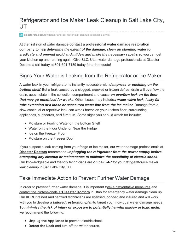 Refrigerator And Ice Maker Leak Cleanup In Salt Lake City Ut