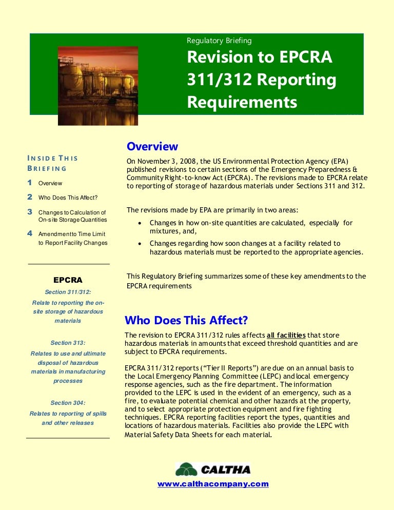 Revision To EPCRA 311 312 Tier 2 Reporting Requirements