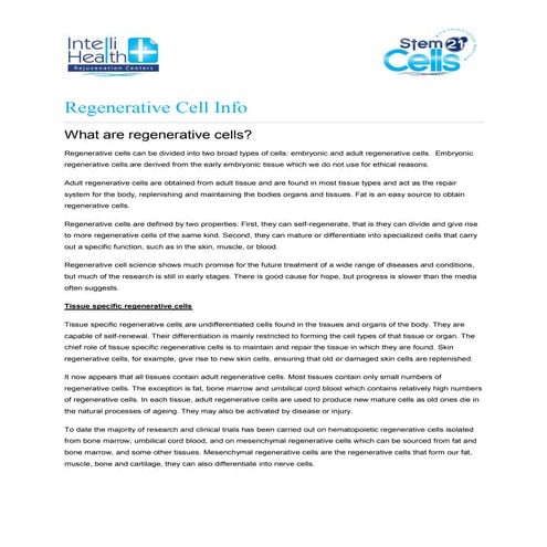 Stem Cells 21 - Regenerative Cell Therapy | PDF
