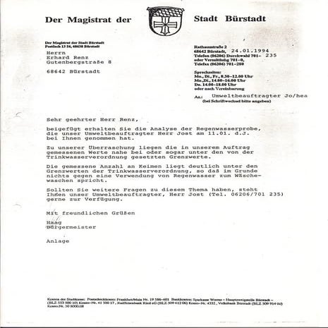 Regenwasserprobe 1994 Zisterne