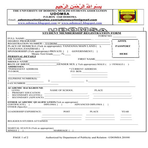 REGISTRATION FORM YA UDOMSA
