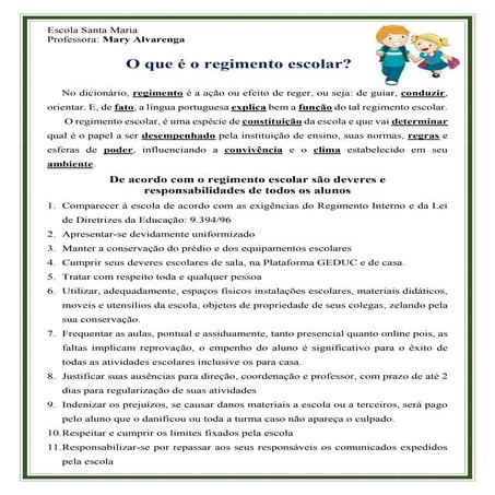 Regimento escolar - Deveres do aluno. | PDF