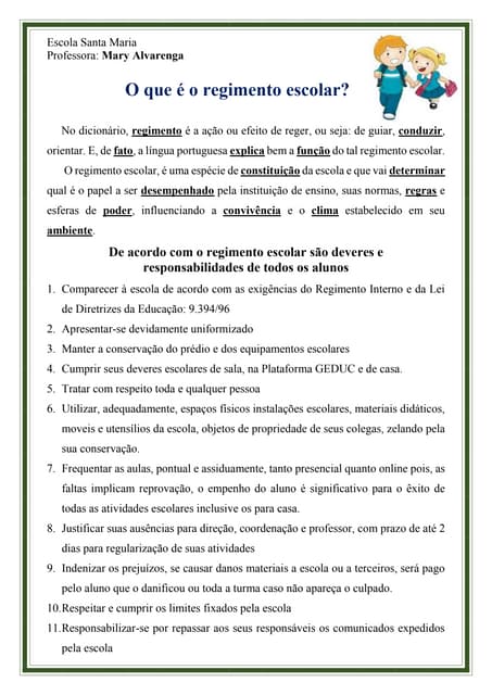 Regimento escolar - Deveres do aluno. | PDF
