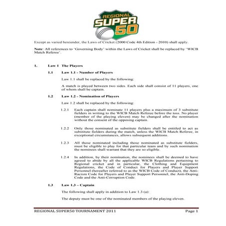 Regional super50 playing conditions 2011