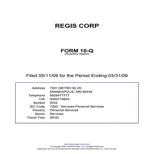 Is Regis Corporation Going Out Of Business Q1 2009 Earning Report of Regis Corporation | PDF