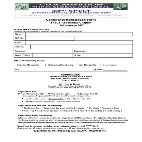 Registration Form  SPELT 33rd International ELT Conference Abbottabad