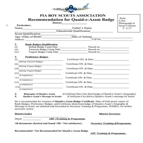 Registration form quaid e-azam badge
