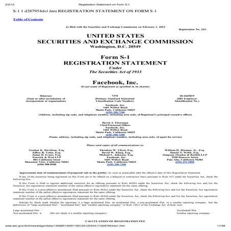 Facebook IPO : Registration Statement on Form S-1 | PDF