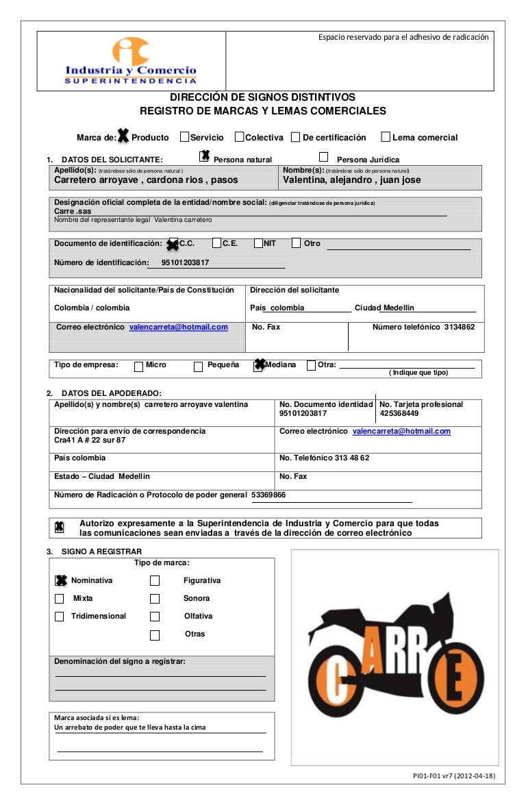 Registro marcario formulario 001