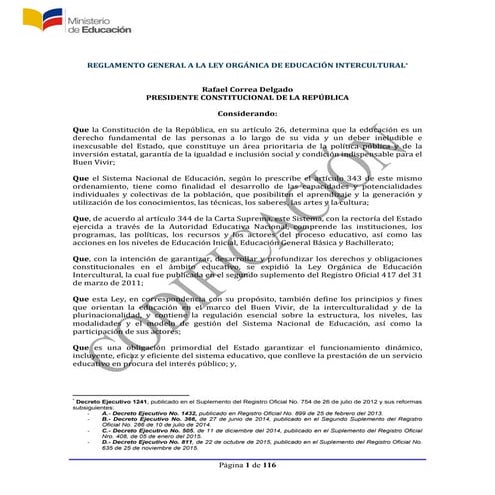 Reglamento general a La Ley Organica de Educacion Intercultural