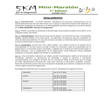 Reglamento 5km por la integración. chore 2012 publicado
