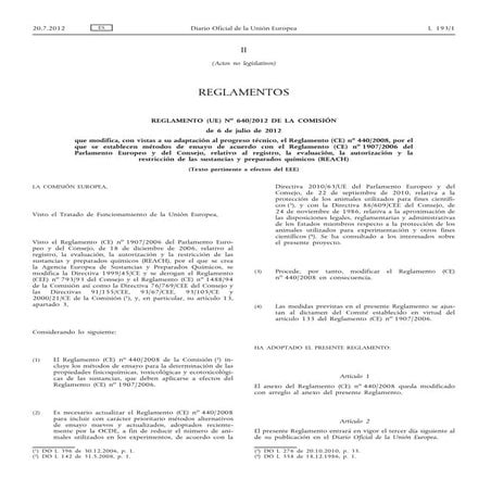 Reglamento 640 2012 sobre ensayos REACH