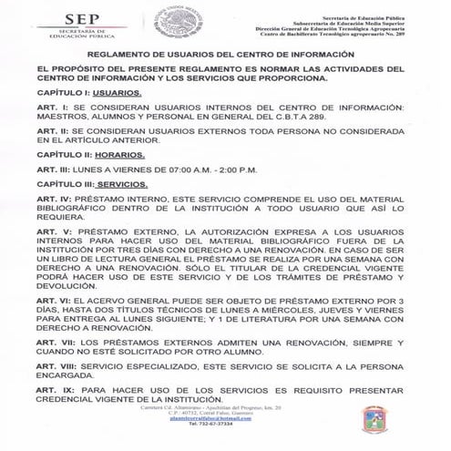 Reglamento centro información cbta 289