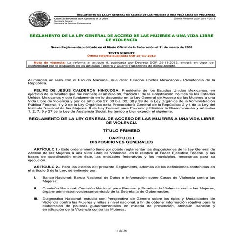 REGLAMENTO DE LA LEY GENERAL DE ACCESO DE LAS MUJERES A UNA VIDA LIBRE DE VIO...