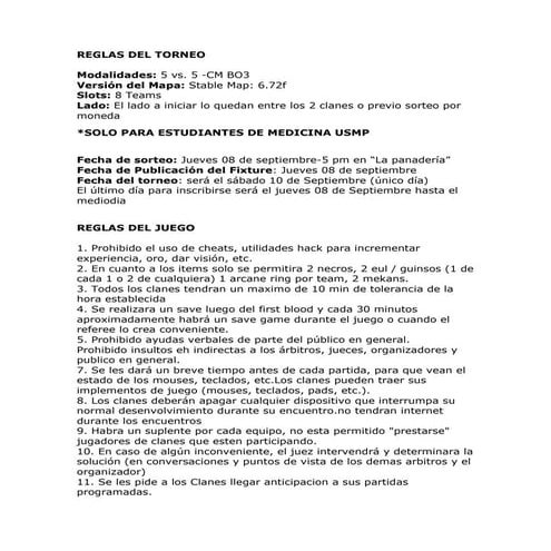 Reglamento Torneo de Dota Medicina-USMP