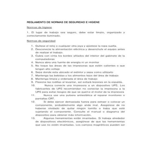 REGLAMENTO DE NORMAS DE SEGURIDAD E HIGIENE 