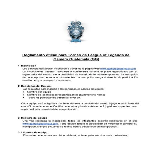 Reglas para Torneos de League Of Legends
