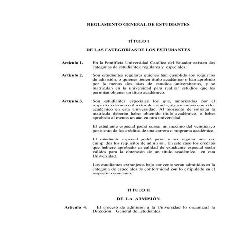 Reglamento General de Estudiantes - PUCE | PDF