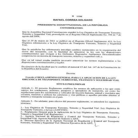 Reglamento general para la aplicación de la ley orgánica de transporte terres...