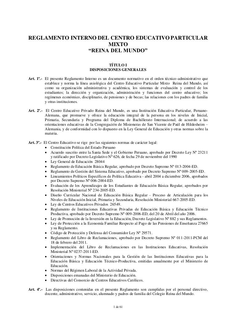Reglamento interno de un centro educativo ejemplo