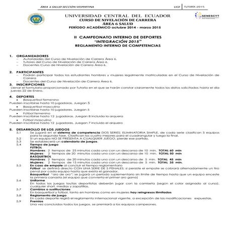 Reglamento y calendario de juegos área 6 salud 2015